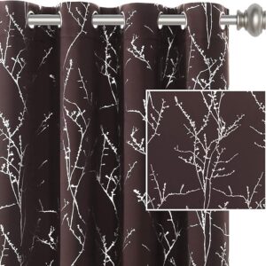 Blackout Curtains for Bedroom Foil Print Twig Tree Branch Thermal Insulated Grommet Curtain Drapes Light Blocking Thick Soft Window Curtains for Living 52 x 63 Inch, 2 Panels, Brown