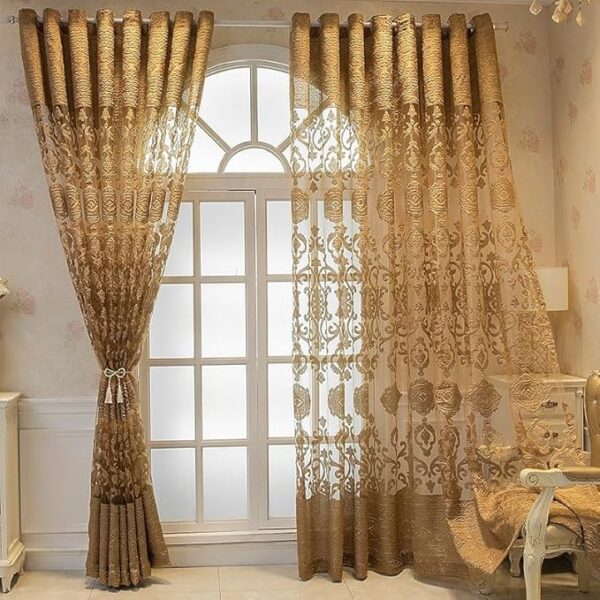 Golden Flower Embroidery Sheer Curtains Villa Luxury Grommet Top Voile Drape for Living Room Curtain Panel Tulle Home Decor 52 inch Wide by 102 inch Long 1 Set of 2 Panels - Image 2