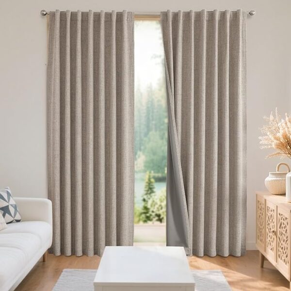 Natural Linen Curtains 84 inch Long, Thermal Insulated 100% Blackout 2 Panels Light Blocking Drapes, Rod Pocket & Back Tabs, Darkening Privacy for Living Room