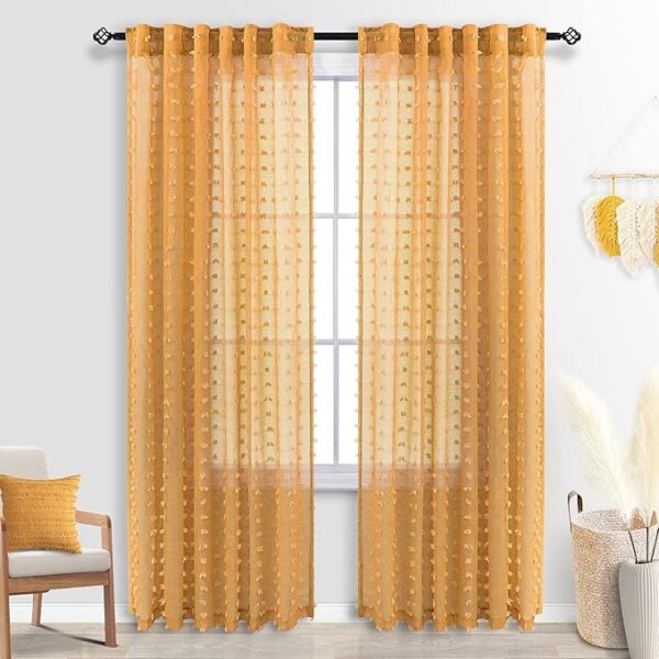 Yellow Textured Curtains 84 Inch Length 2 Panels for Living Room Bedroom Dining Room Boho Back Tab Rod Pocket Pom Pom Tufted Gold Semi Sheer Curtain 84 Inches Long for Nursery Girls Kids Room - Image 2
