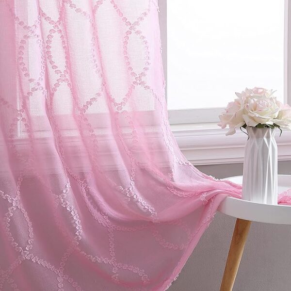 Lattice Sheer Curtains with Rod Pocket, Each Panel Measures 38" W x 84" L, Pink, 2 Panels - Image 2